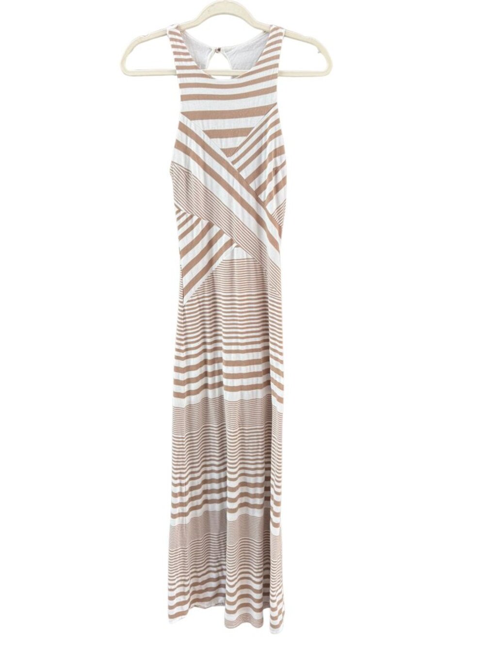 Bebe Striped Maxi Dress Small Mocha Ivory Sleeveless Racerback Stretch Knit